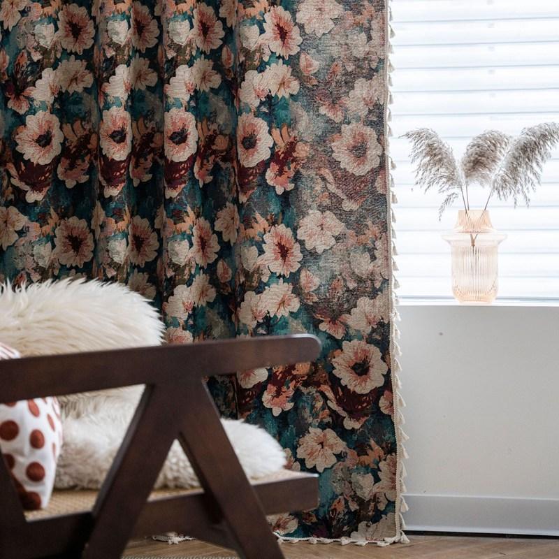 Polyester Cotton American Style Retro Jacquard Tassel Oil Painting Curtain Living Room Semi-shading Drape Kitchen Valance