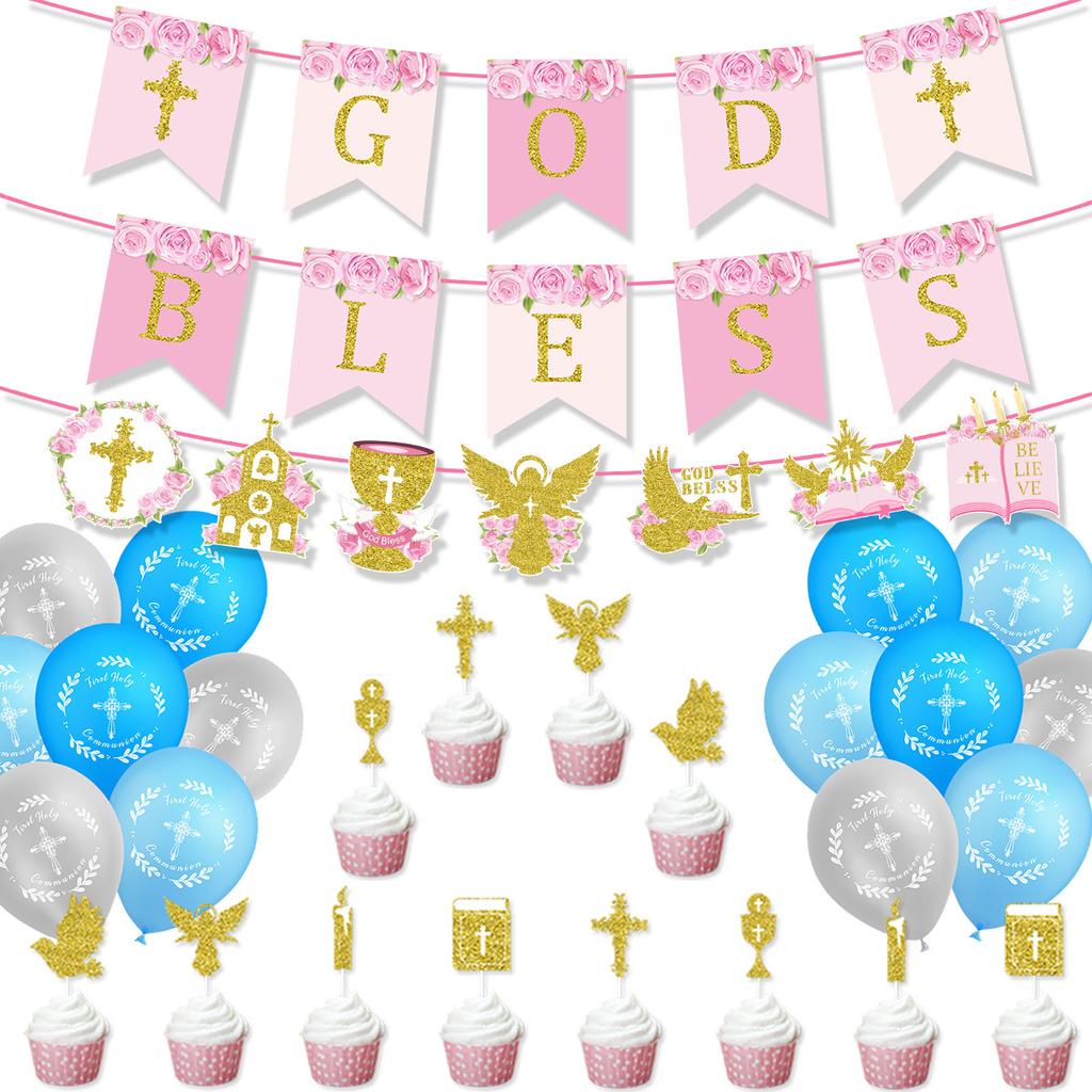 Decorazione Festa Battesimo Comunione Bambino Bandierina Dio Benedica Posizionamento Torta