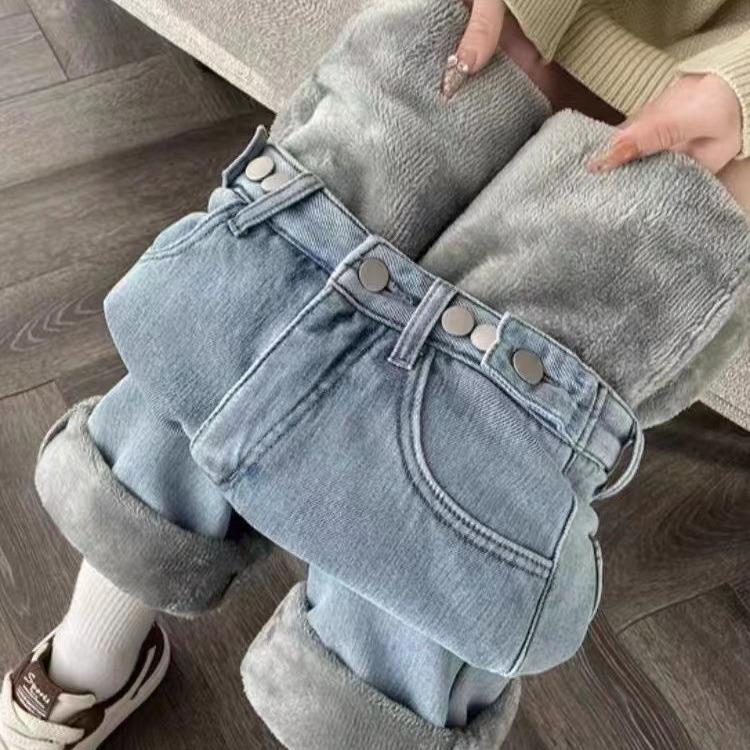 Women's High Waist Wide Leg Jeans Winter Thickened Fleece Lined  Loose Straight Long Pants Warm Casual Denim Pants