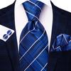 Hi-Tie Navy Blue Striped Plaid Fashion Mens Elegant Tie Handkerchief Cufflinks Set Wedding Party Accessories Gift for Men Gravat