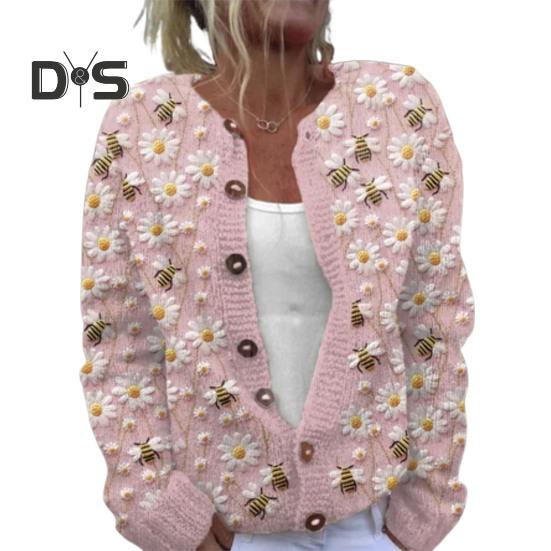 Damen Pullover Strickjacke Rundhals Langarm 3D Blumenmuster Button Up Strickjacke Verdickte warme Herbst Winter Tops