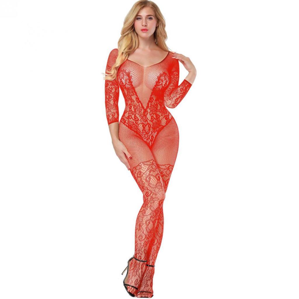 Haft Hollow Mesh Crotchless Women Bodystocking Sexy przezroczyste body