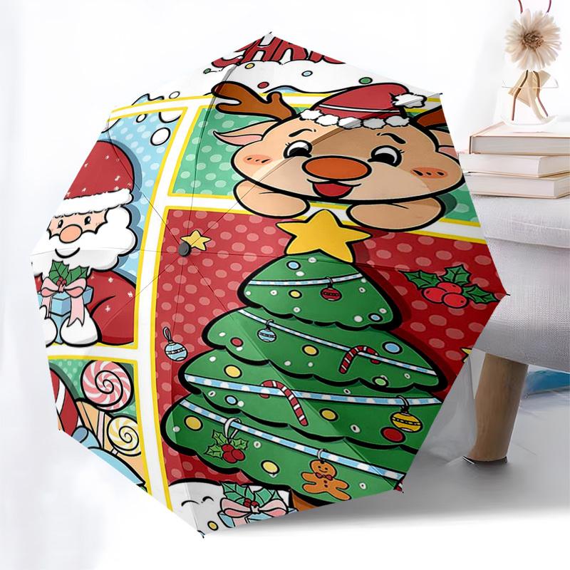 

1pc Merry Christmas! Festive Reindeer & Santa Claus Design Automatic Opening/Closing Umbrella with Foldable Design, 8-Iron Frame, Outdoor Use, Perfect