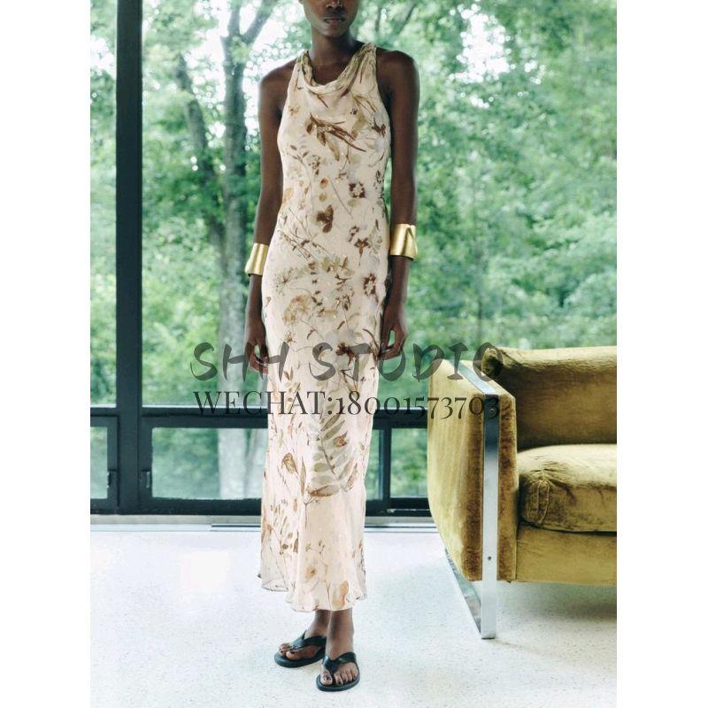 Spring New Arrival French Style Evening Long Dress Back Cross Design Print Hanging Collar Dress 5107247