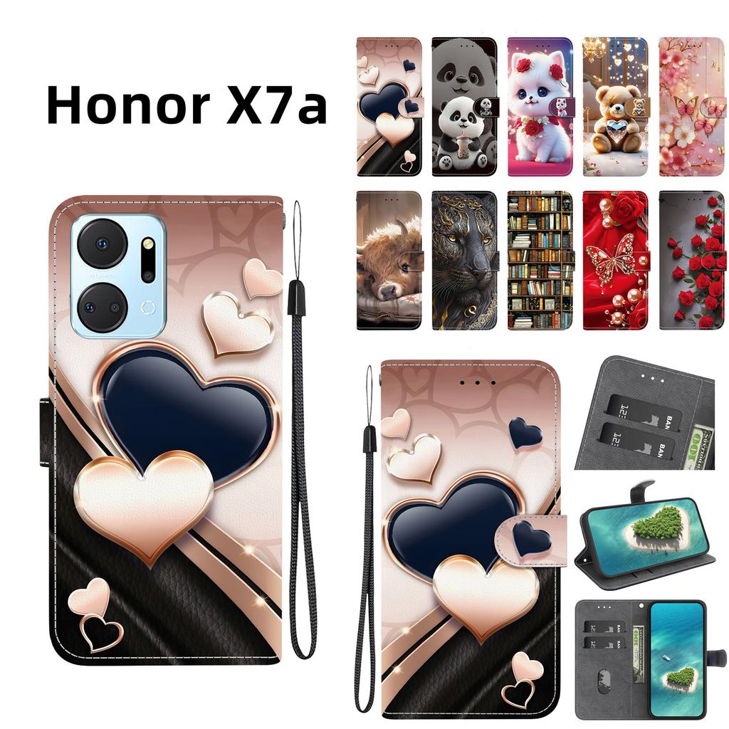 Handmade PU Leather Flip Case for Honor X7a Anti-Slip Shockproof Cover with Wrist Strap & Heart/Rose Cat Designs