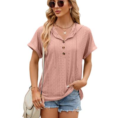 Jarní Léto Solid Top pro ženy Halenka s volným krátkým rukávem a kapucí na knoflíky