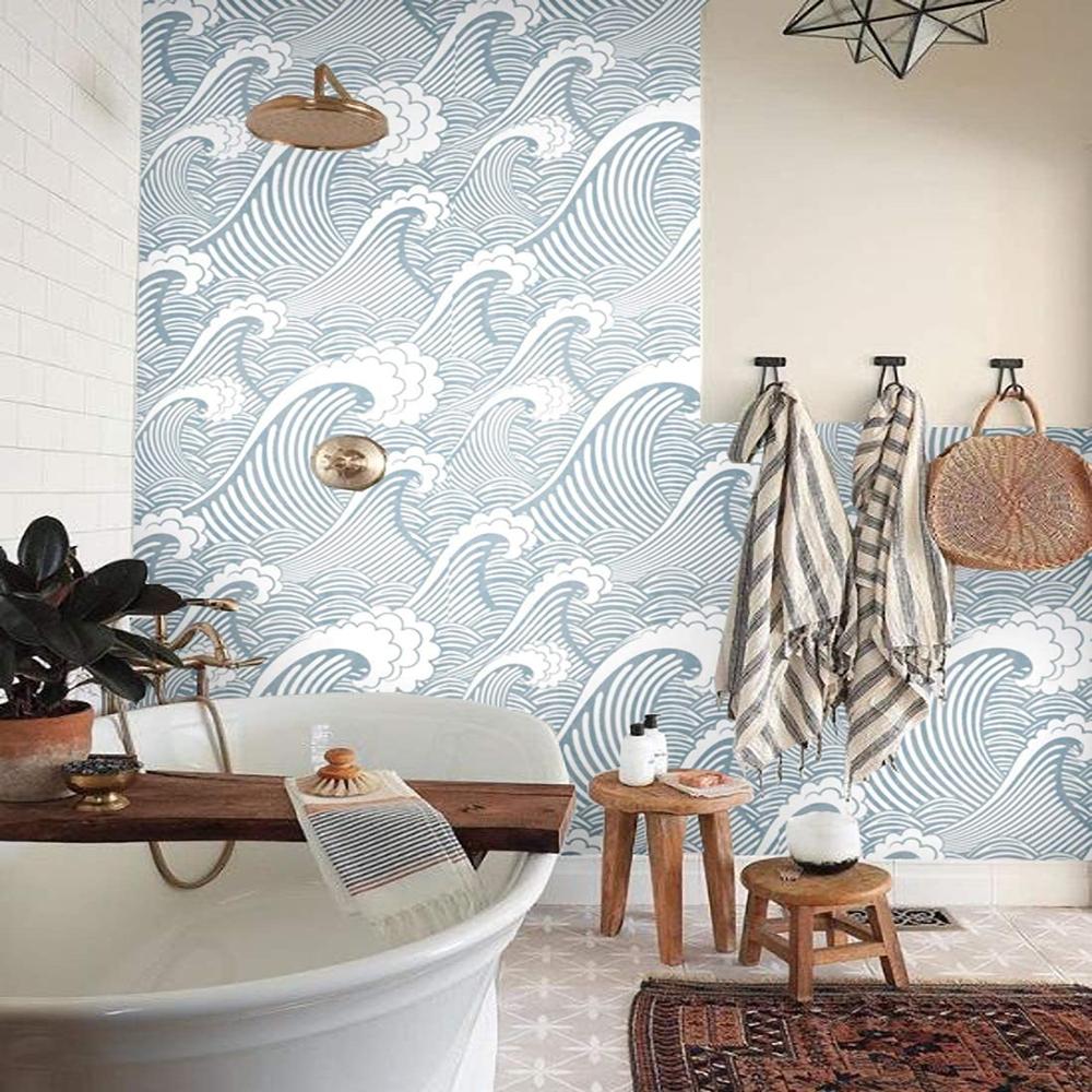 Peel And Stick Handpainting Seamless Blue White Waves Spray Self-Adhesive Prepasted Waterproof Wallpaper Wall Mural Home Decor