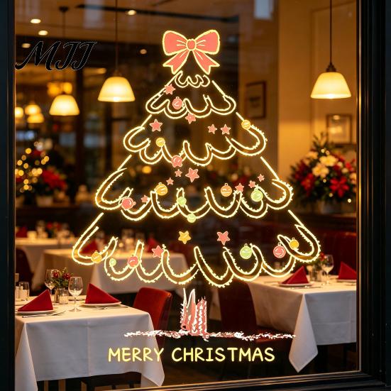 Easy Peel Window Film Christmas Tree Sticker, Simple Line Static Cling Decal, Waterproof PVC Glass Clings Removable Festive Decal for Holiday