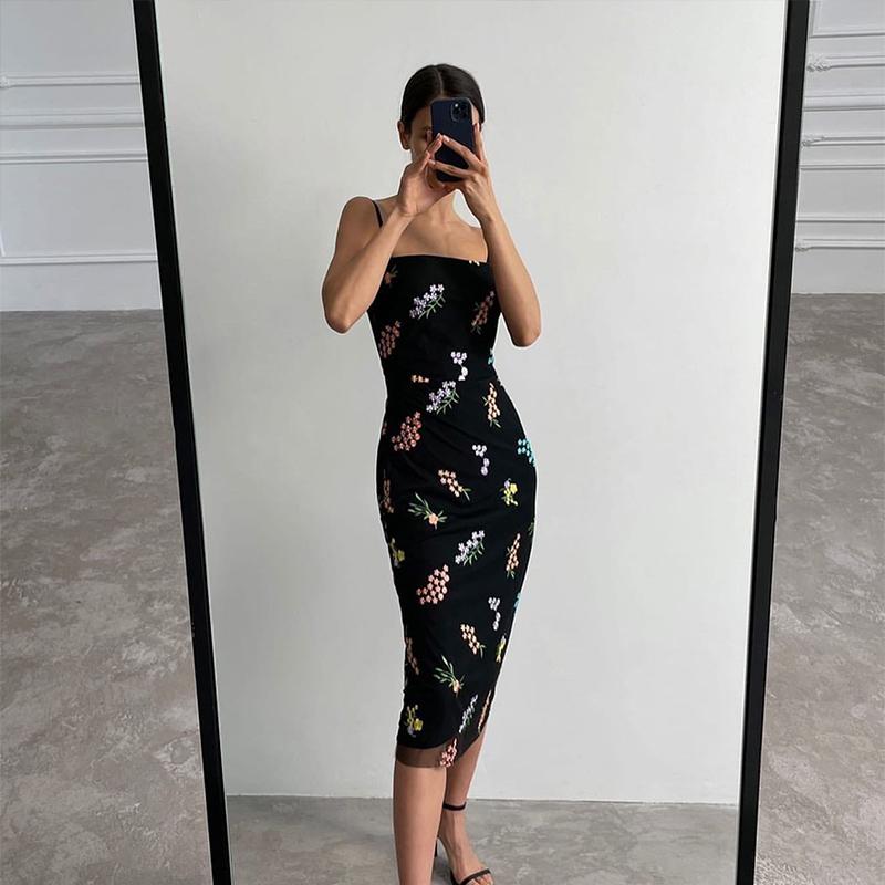 

Женское платье миди с цветочным принтом на тонких бретельках без рукавов, женские платья с тонкой талией, летняя элегантная сексуальная женская одежда S