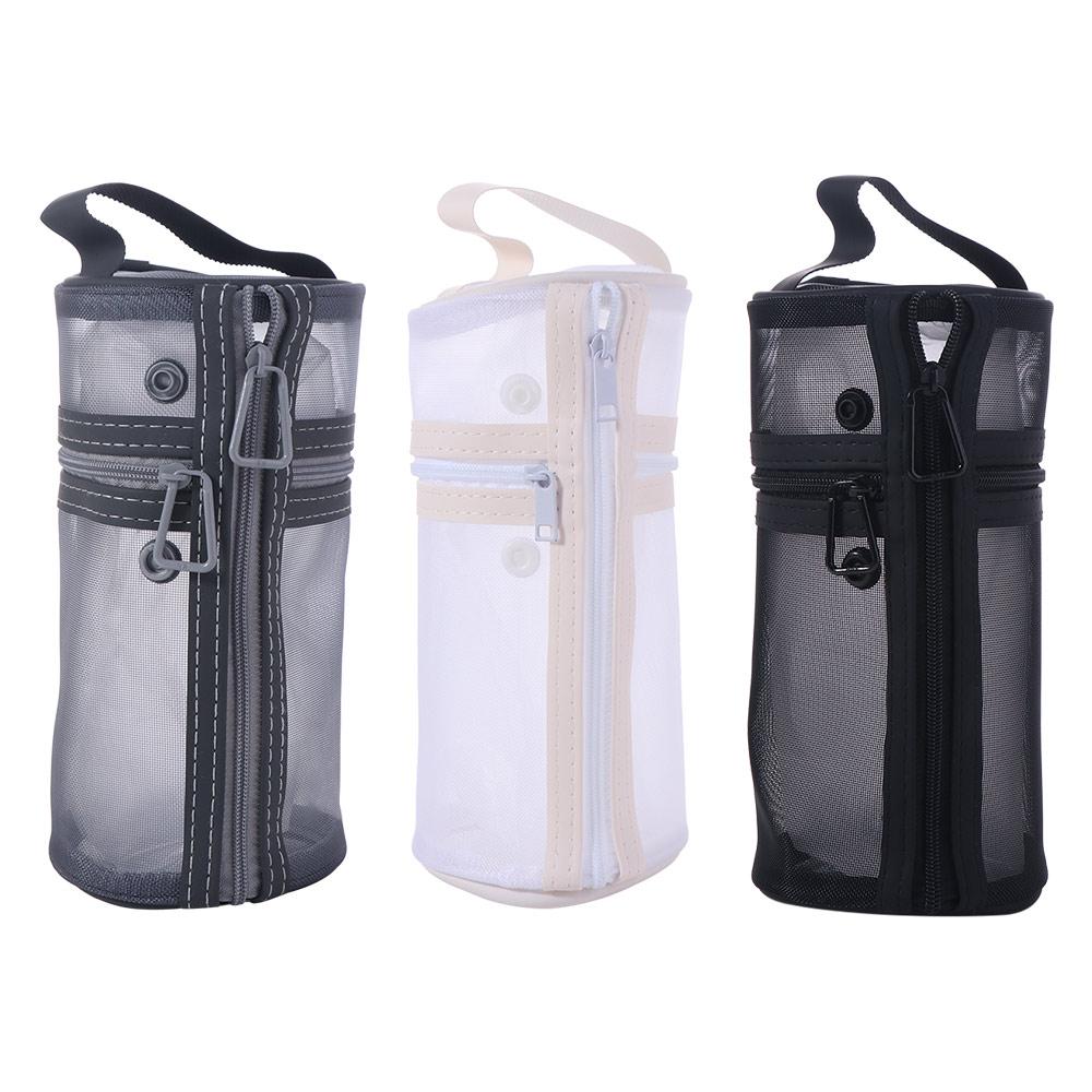 Simple Makeup Brushes Storage Bag Large Capacity Vertical Mesh Pen Holder Bag Flip-cap Solid Color Stationery Storage Organizer
