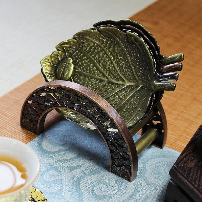 Tree Leaf Tea Set Coasters Cup Holder Insulated Waterproof Non-slip Mat Vintage Classic Alloy Plate Home Accessories Kitchen