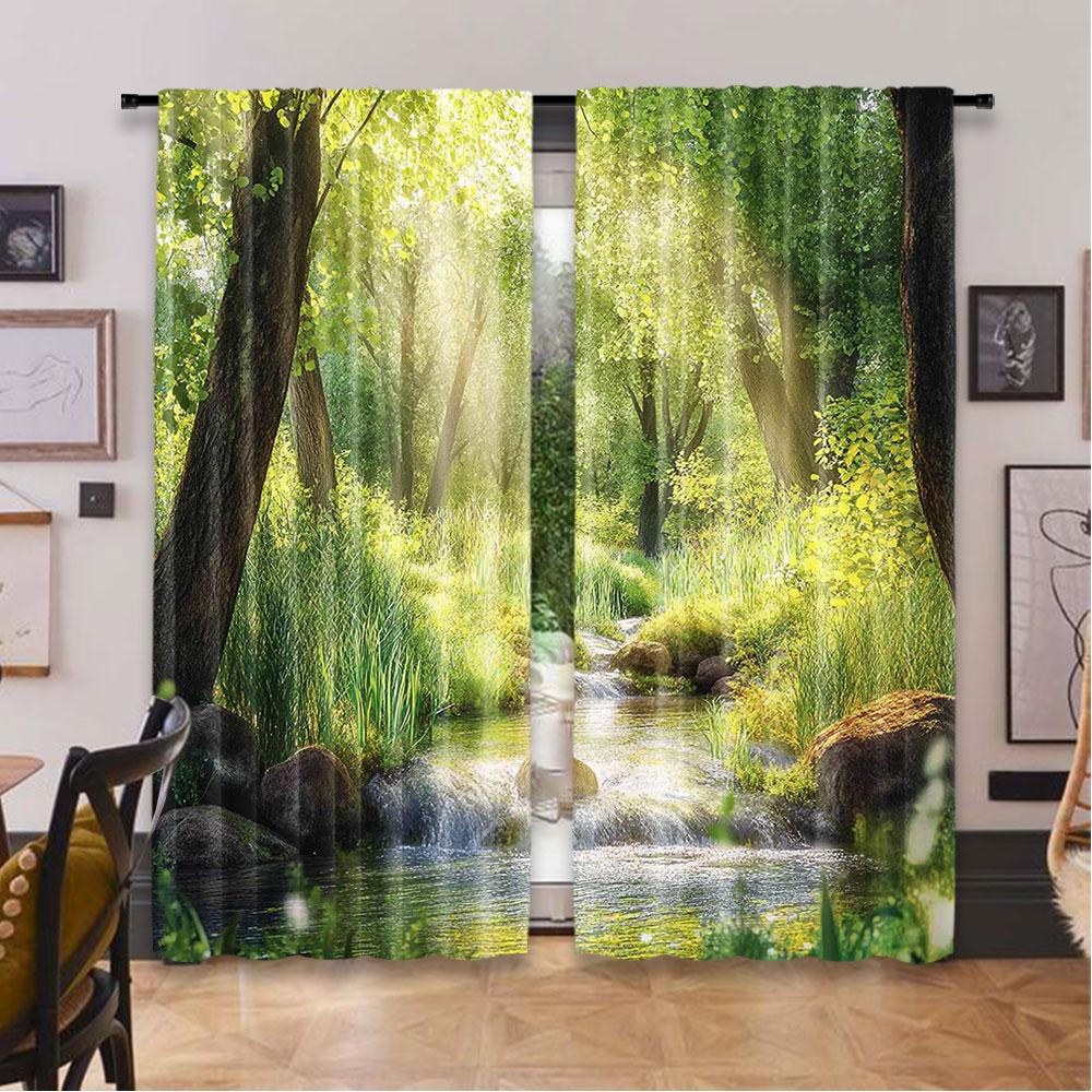 2Pcs Forest Curtain Stream Cascade In Tropical Forest Among Trees Jungle Woodland Serene Landscape Suitable For Living Room