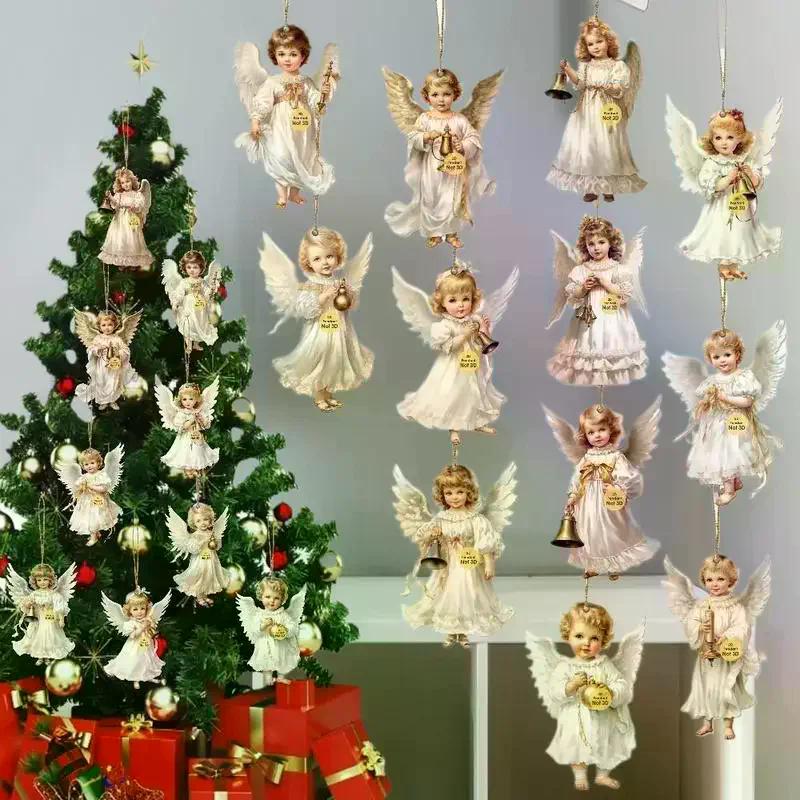 12pcs Vintage Christmas Angel Wooden Pendants, Artificial Wood Hanging Ornaments Perfect For Home & Outdoor Holiday Decor