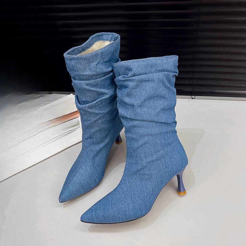 Women's Mid-calf Boots Classic Canvas Denim Boot Fashion Pointed Thin Heeled Boot Pleated Design Women Boots Botas Cowboy Mujer