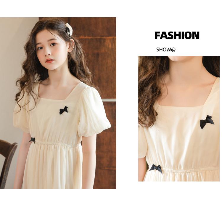 Girls' Chiffon Summer Dress, Short Bubble Sleeves, Long Korean Princess Style 2023.