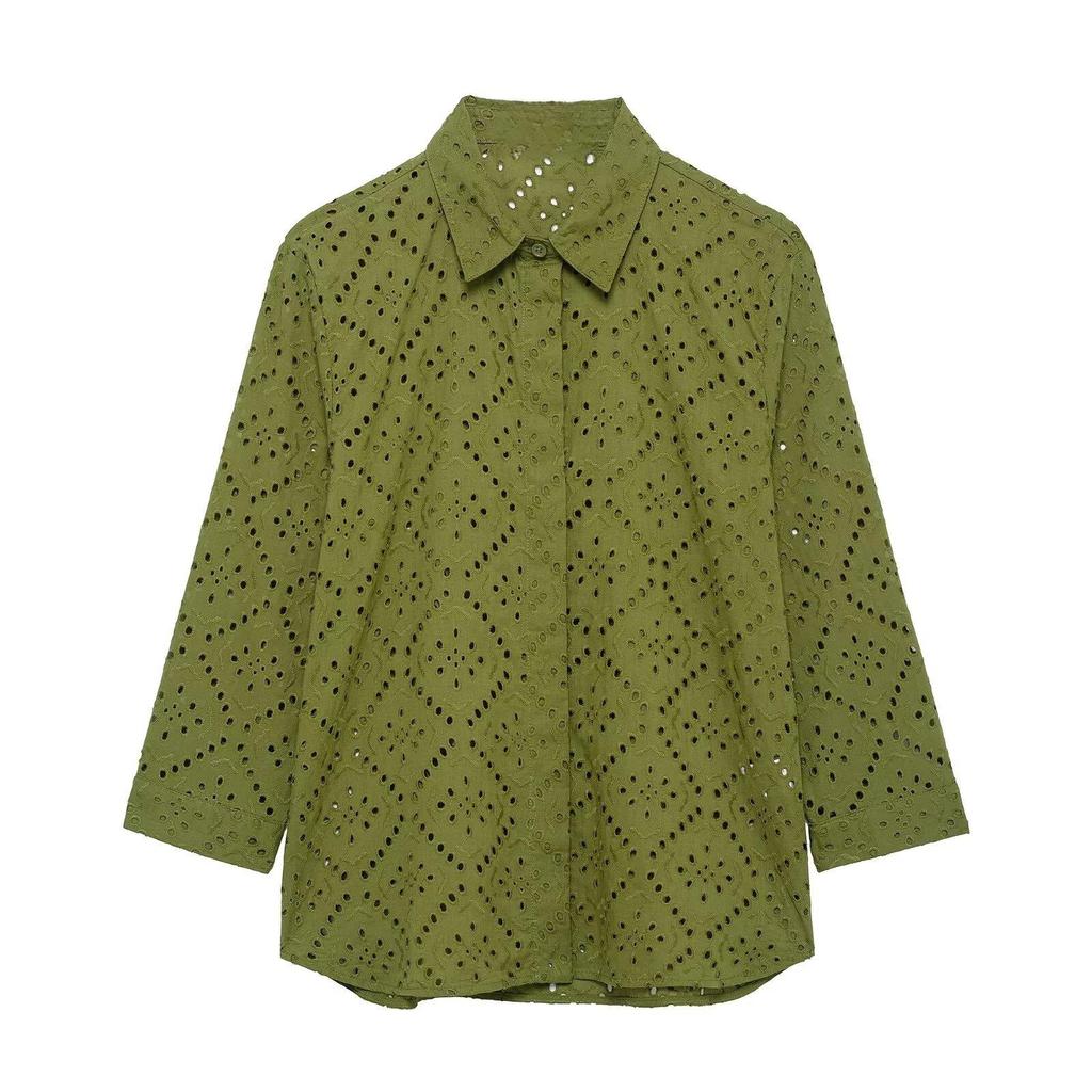 2025 Lato Damska Haftowana Ażurowa Koszula Casual z Klapami - Styl Europejski i Amerykański