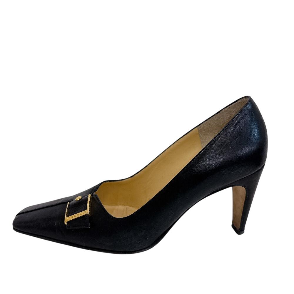 CHANEL Square toe belt buckle heel leather pumps black leather Used