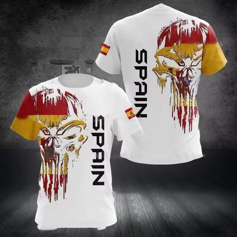 Summer Round Neck 3D Spanish Flag Veteran Print Top Fashionable Casual Short Sleeved Men's T-shirts