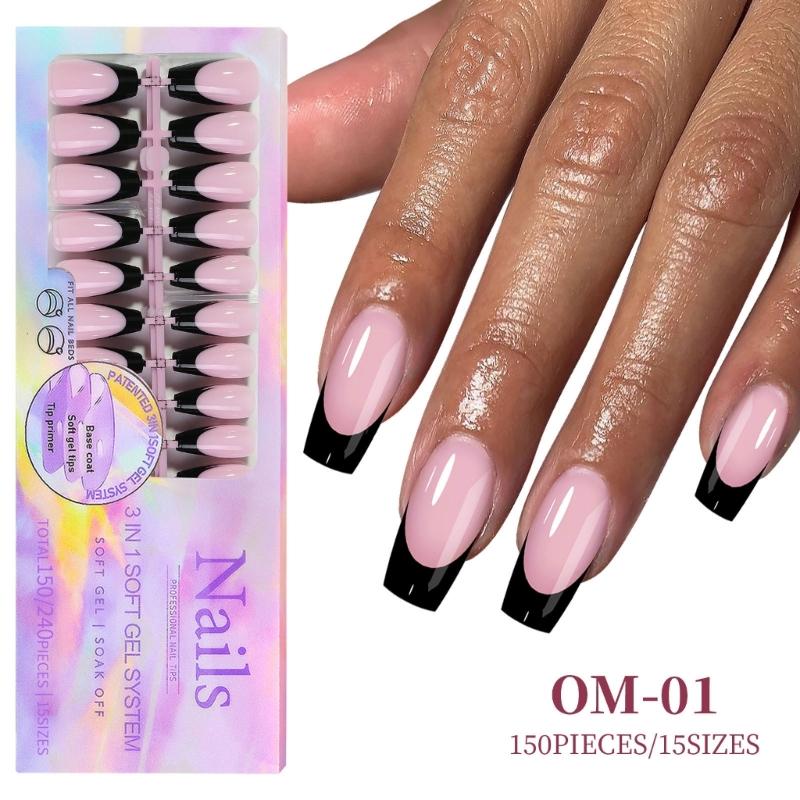 150Pcs Black French Tip Gel Nail Tips Short Coffin Shape Press on Nails Short for Women False Nails 15 Sizes