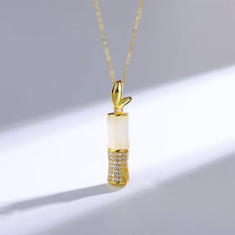 Classic S925 Sterling Silver Hetian Jade Necklace, Elegant Green Bamboo Pendant, Retro Light Luxury with a New Chinese Style for Women