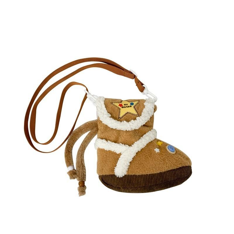 Plush Cartoon Shoe Shaped Shoulder Bag For Girls With Zipper Closure And Inner Pouch