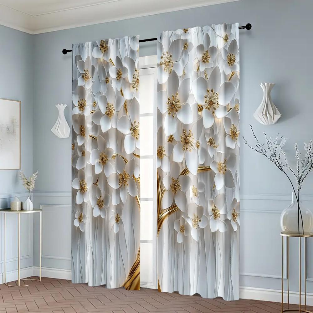 Set Of 2 Popular Curtain Panels Print White Floral Versatile Polyester Without Rod Holiday Kitchen Living Room Perfect For Area