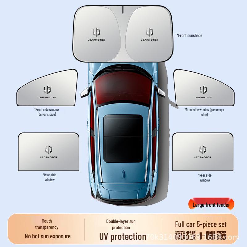 Leapmotor Car Sunshade Set: C10, C11, C16, T03, A10, LAFA5 Models - 5-Piece Windshield & Side Window Shades.