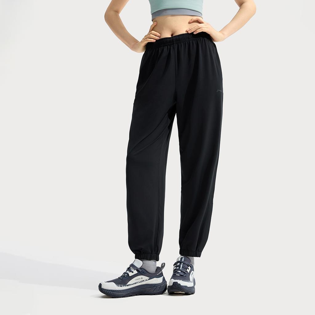 Li Ning Fitness Series Casual Simple Solid Color Ice Silk Quick-Dry Cool Anti-Ultraviolet Cuffed Elastic Knitted Sports Pants Women bottoms AKYV196-1