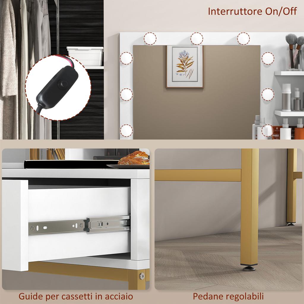 Schminktisch mit Spiegel, 2 Schubladen, 5 Regalen und Hocker, aus MDF und Spanplatte, 80x40x138 cm, Weiß