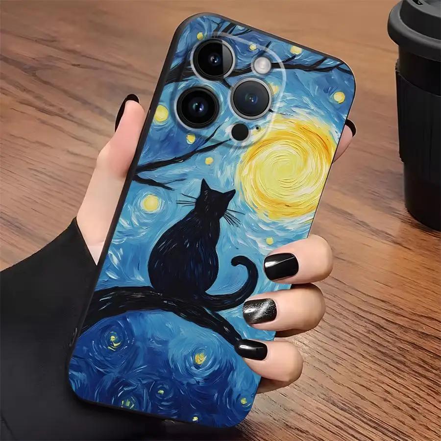Artistic Starry Sky Cat Phone Case For iPhone 17 16 15 11 12 14 13 Pro Max Mini X XR 7 Plus 16E Shockproof Silicone Cover Fundas