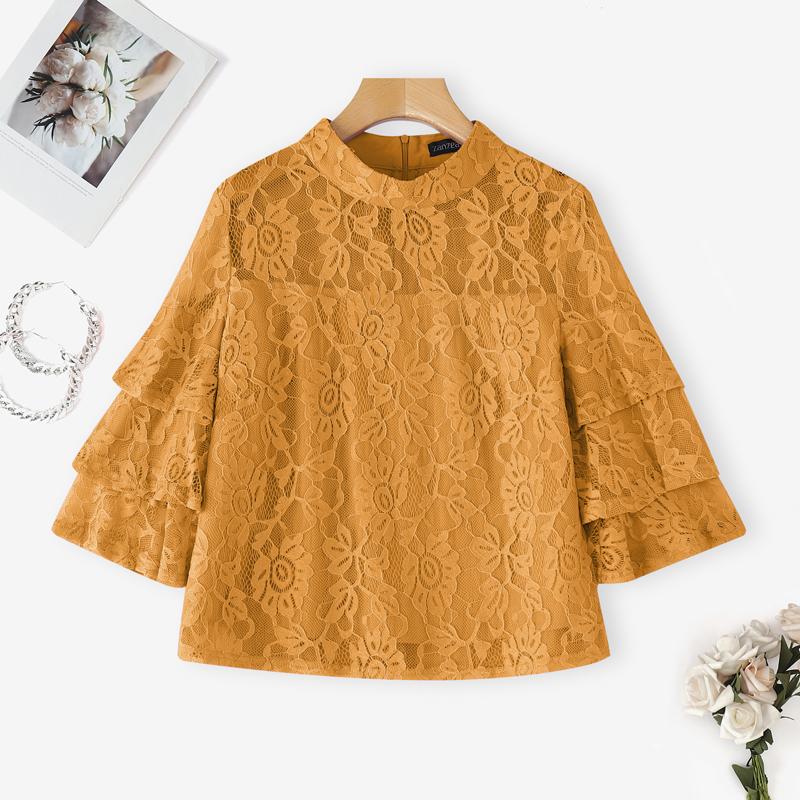 

ZANZEA Женская повседневная блузка с кружевной вставкой, воротником-стойкой и оборками, рукав 3/4 4XL жёлтый