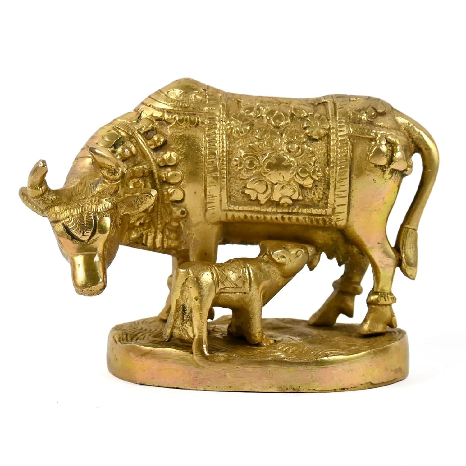 

Kamdhenu Cow With Calf Sculpture Brass Statue, Nandi Cow Sculpture, Brass, Gold