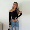 Solid Color One Shoulder Cropped Long Sleeve Hollow Out Metal Button Sexy Casual Women T Shirt