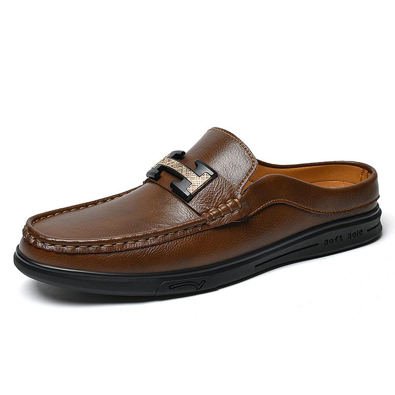 

Fashion Fashion Men Walking Muller Shoes Genuine Leather Mens Half Casual Shoes Metal Buckle Slip-On Loafers Breathable Light Half Drag 47