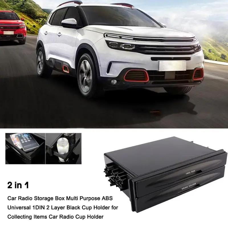 2 In 1 Car Radio Storage Box Multi Purpose ABS Universal 1DIN 2 Layer Cup Holder For Collecting Items Car Radio Black Cup Holder