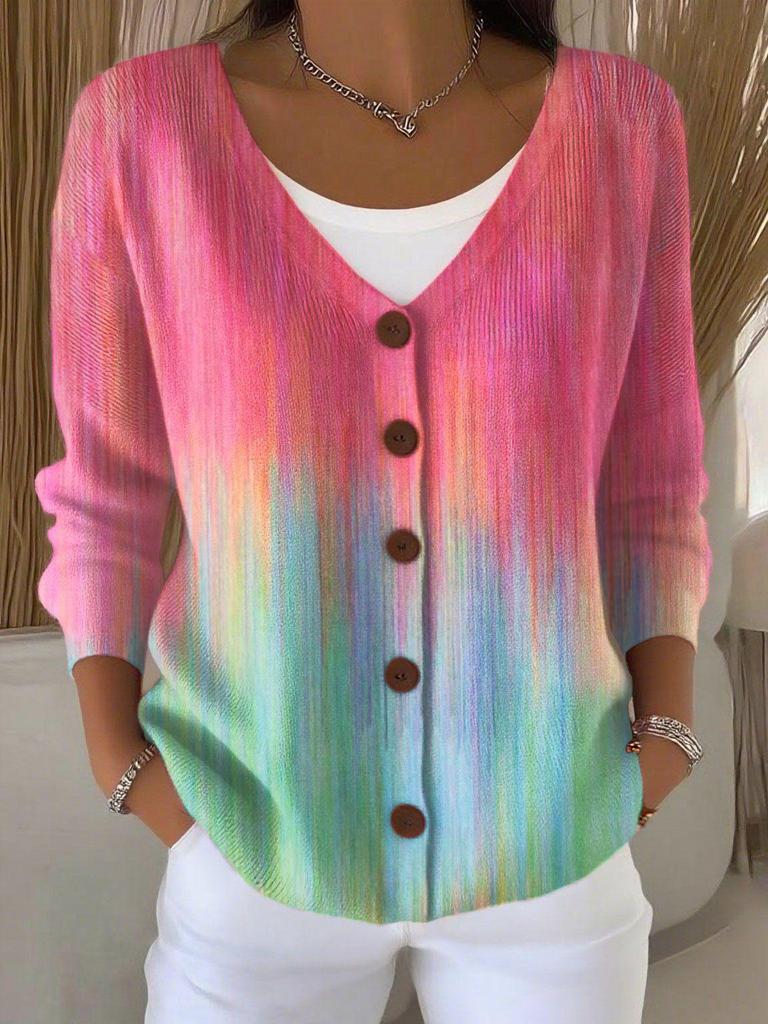 V-Neck 5-Button Printed Cardigan Sweater