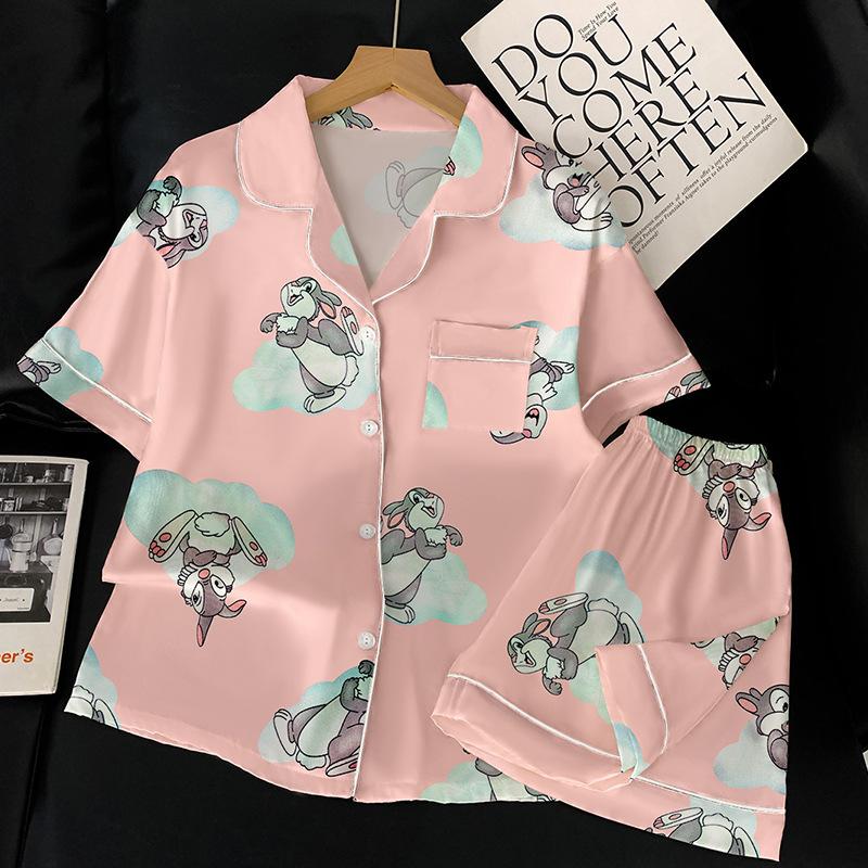 

Cartoon Cartoon Little Pink Rabbit Summer Short-Sleeved Ice Silk Satin Pajamas Women S Sweet Wind Loungewear Set 2XL