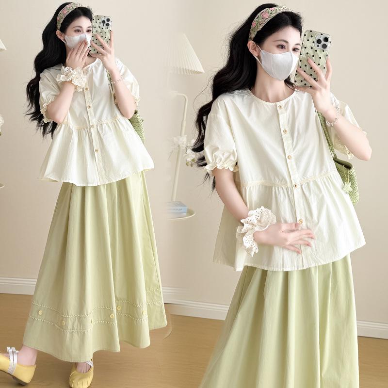 2026 Stylish & Chic Apricot Doll Blouse with Round Neck + Fresh Green Midi Skirt