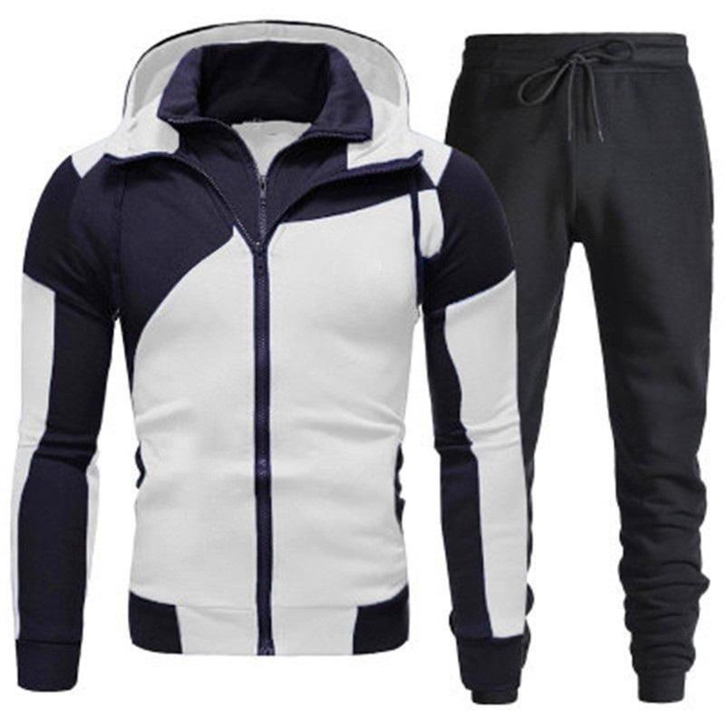 Men's Tracksuit 2Pcs Set Patchwork Color Hooded Jacket  Sweatpants Casual Sportswear Zipper Hoodie Jogger Pants For Men Daily Running Training