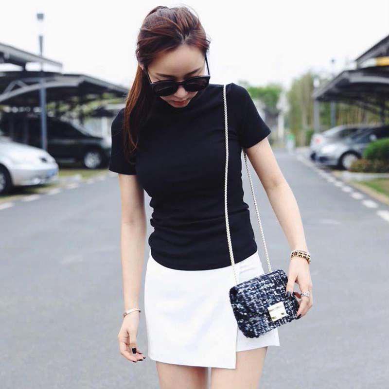 

Женская летняя половинная рубашка с высоким воротником, однотонная свободная повседневная футболка с коротким рукавом, простые дикие топы XXL