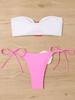 2025 European & American Color Block Rose Bandeau Tie-Up Split Bikini Swimsuit