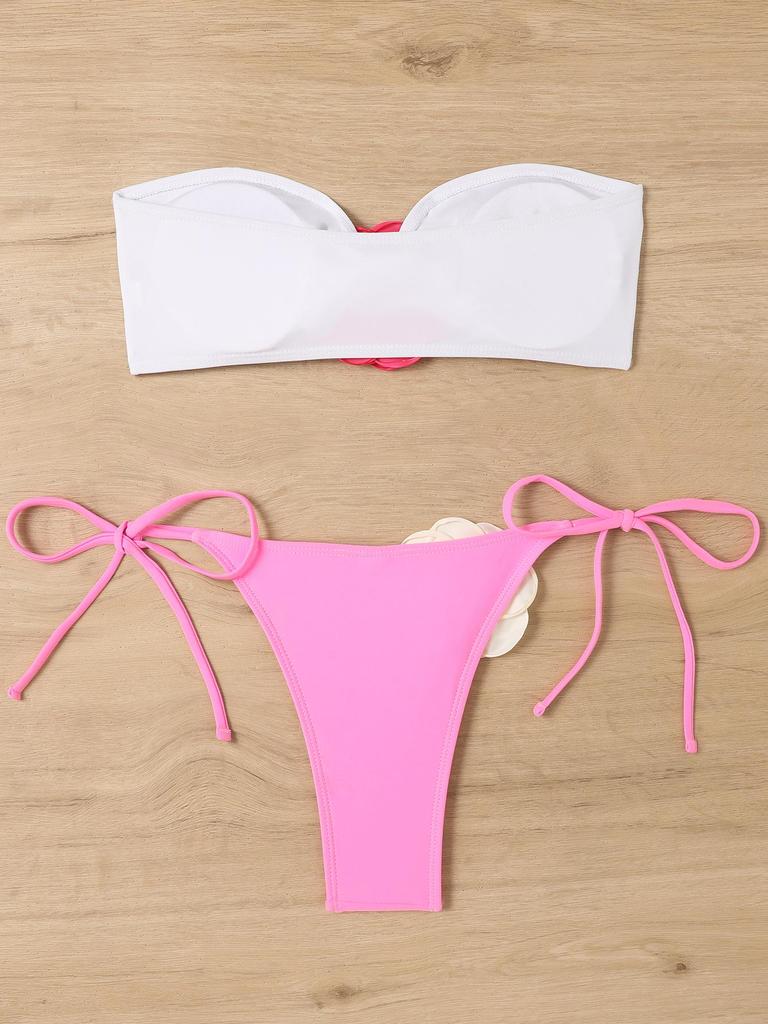 2025 European & American Color Block Rose Bandeau Tie-Up Split Bikini Swimsuit