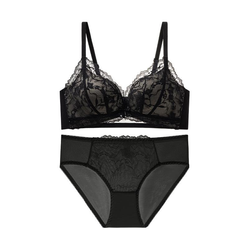 

French V-Neck Lace Women s Gathering Comfortable Breasts No Steel Rim Anti-Sagging Sexy Bra Set 70b (recommended 40-47.5kg ) чёрный