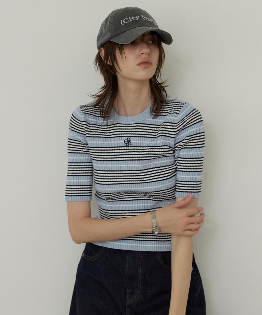 CITYBREEZE Striped Round Neck Short Sleeve Knit_Blue