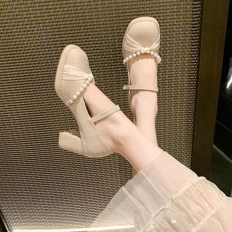 2025 Neue Mary Jane High Heels Damen Chunky Heel Maid of Bequeme Alltagskleidung Synthetisches Leder Einzel