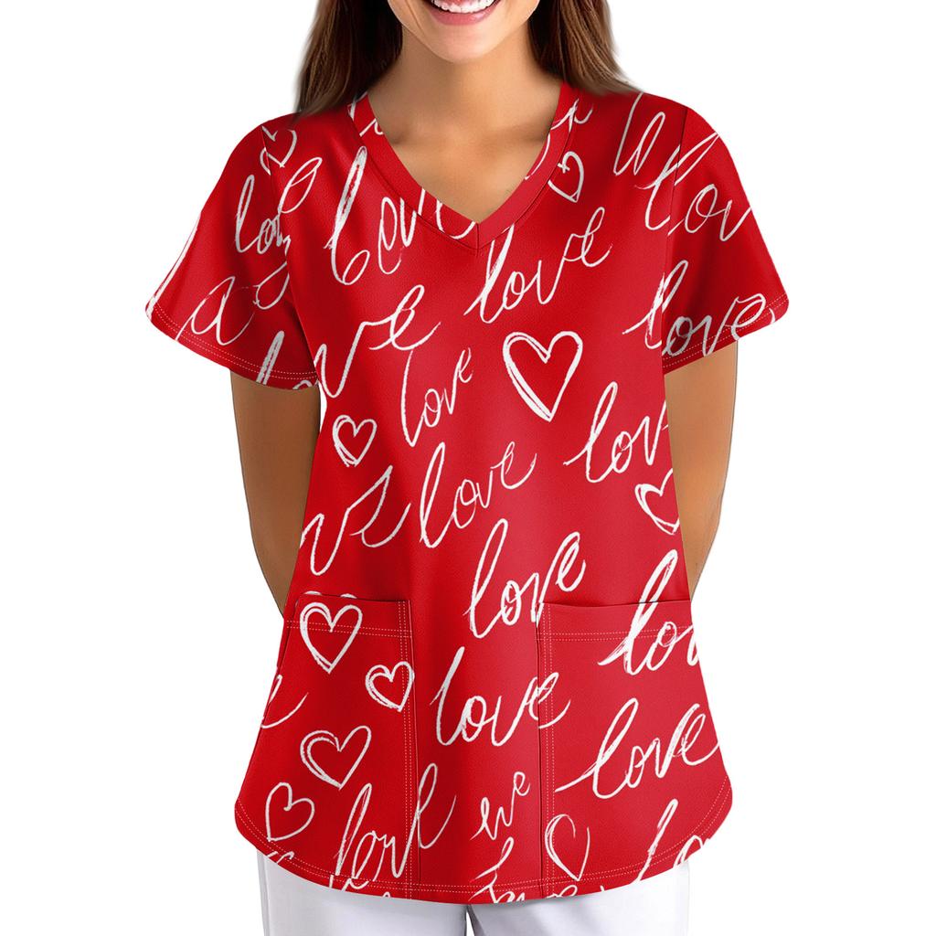 ÜbergrößeBedruckte Kasack Arbeitsuniform Oberteile für Damen V-Ausschnitt mit Überkreuzung Print Kurzarm Lustige T-Shirts Arbeitskleidung T-Shirt mit Taschen