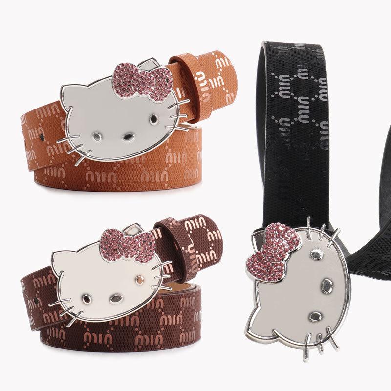 Metalowy Pasek Damski Hello Kitty z Nadrukiem Litery i Cyrkoniami do Codziennego i Eleganckiego Ubioru
