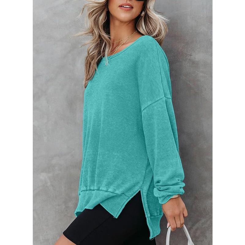 New Autumn Women's Round Neck Long Sleeve Side Slit Waffle Simple and Versatile Sweatshirt