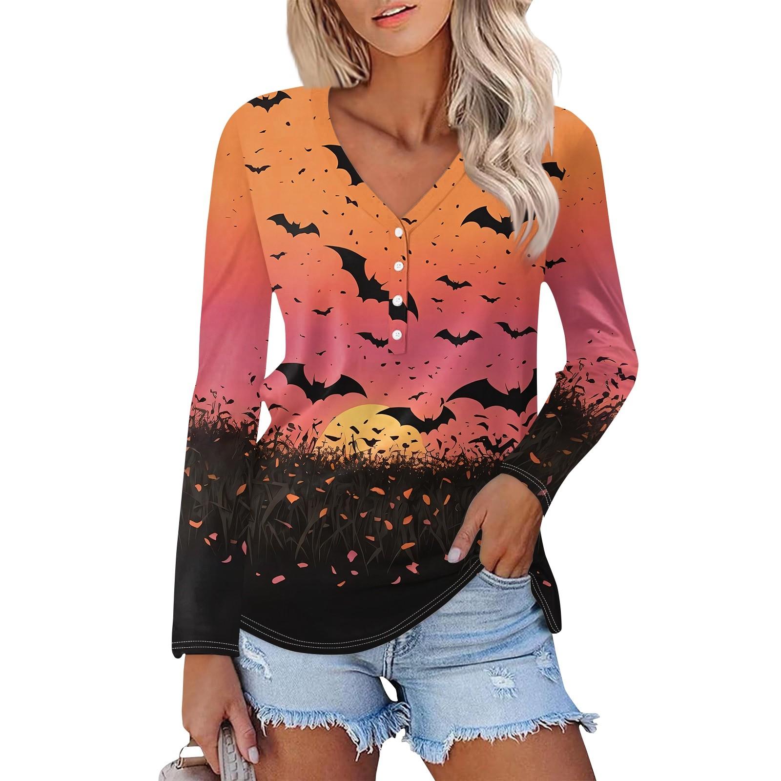 

Женская повседневная модная сексуальная удобная футболка с длинным рукавом и V-образным вырезом на пуговицах на Хэллоуин S чёрный