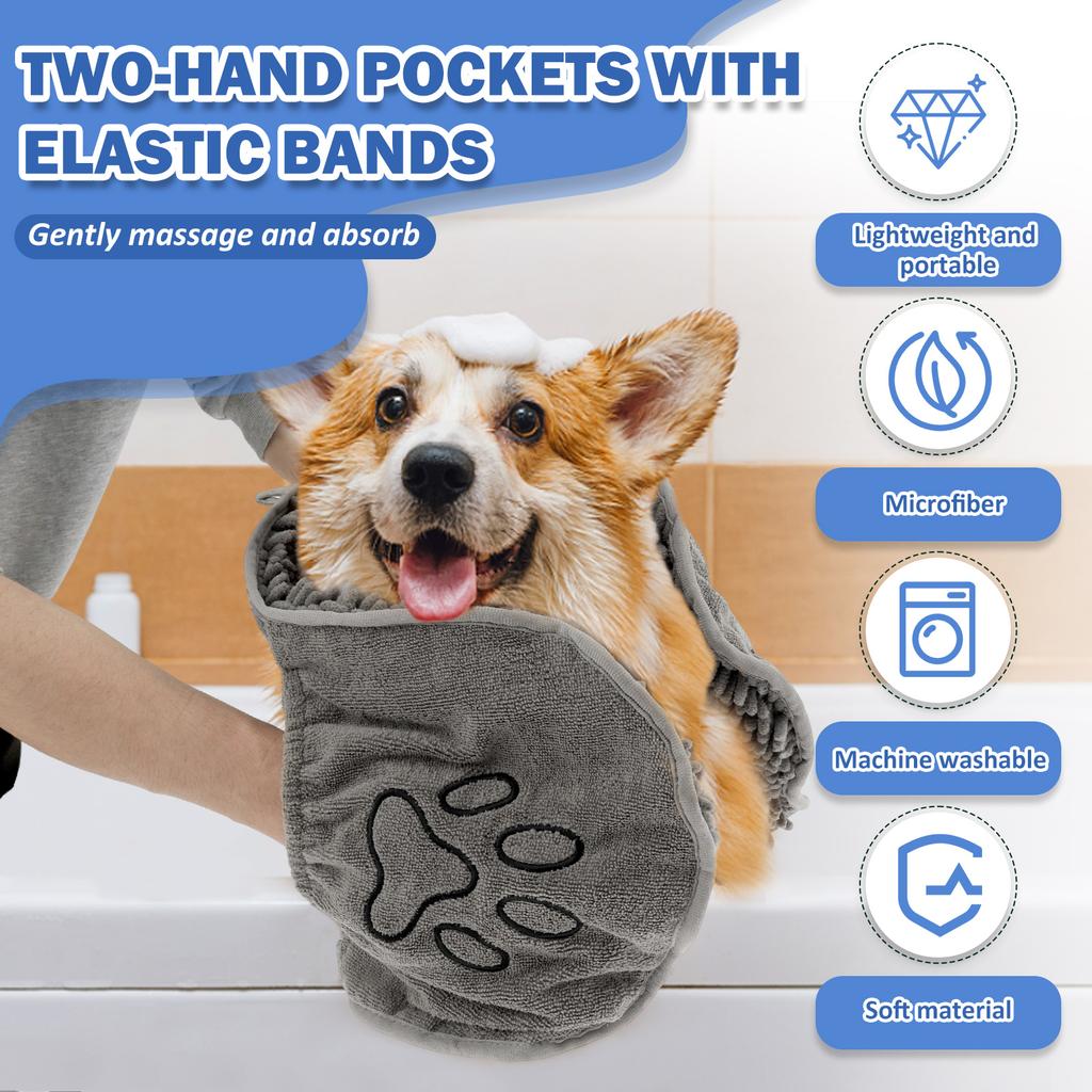 Dog Fast Dry Towel Absorbent Soft Pet Bath Towel Quick-drying With Hand Pockets Lightweight Cat Pet Bath Supplies